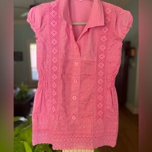Pink Lacy Button Front Cotton Top Tunic XXL  Airy Light Casual Festival Boho
